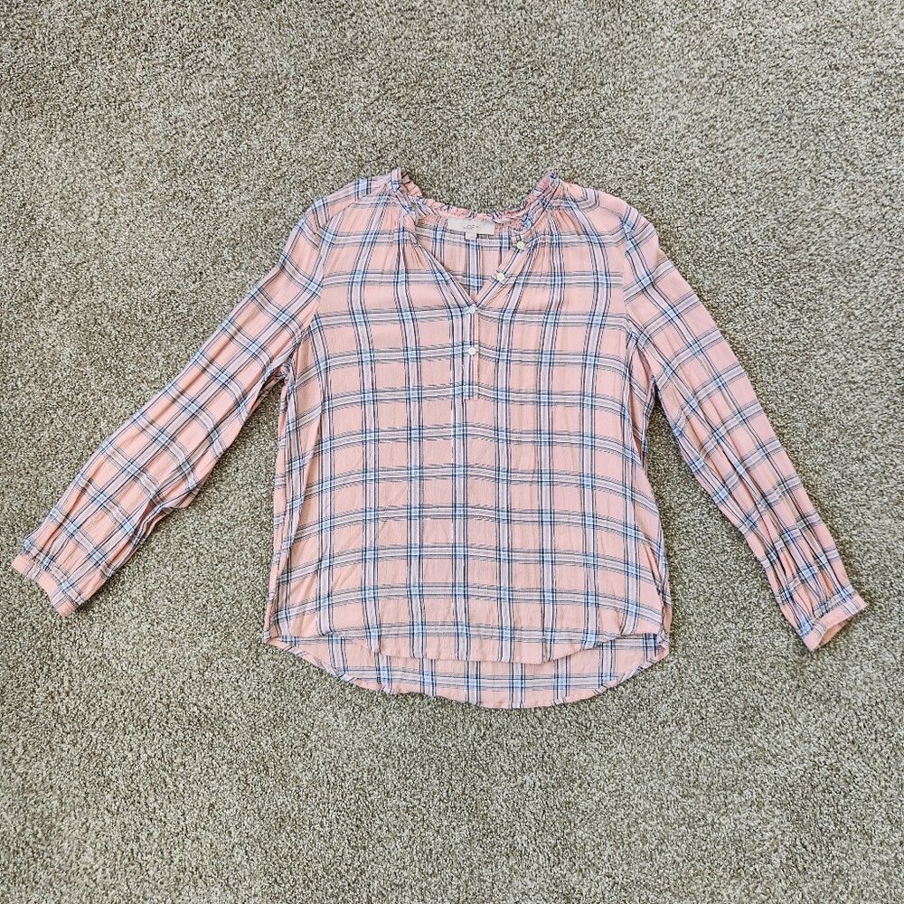 *ASO: Supergirl* Loft Peach Plaid Ruffle Henley Tunic Size L Long Sleeve